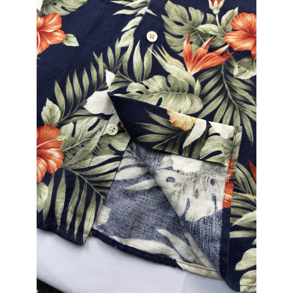 Alex Cannon Hawaiian Camp Shirt Large Tropical Floral Linen Rayon Aloha Navy - Picture 3 of 14